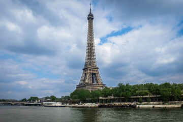 Paris, France, May 2022, view of the Eiffel Tower on an overcast day - 504597837