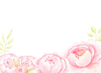 Delicate frame with watercolor delicate light pink peonies with buds and twigs with pale green leaves in high quality for design