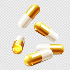 Set of pharmaceutical capsules, medical tablets, isolated.	