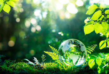 Environment. Glass Globe On Grass Moss In Forest - Green Planet With Abstract Defocused Bokeh Lights - Environmental Conservation Concept - obrazy, fototapety, plakaty