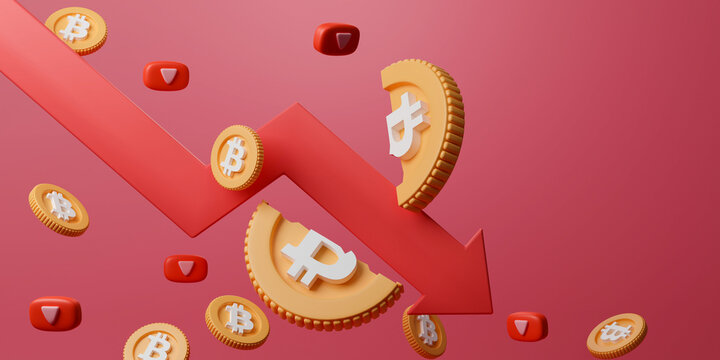 3d rendering cryptocurrency price collapse crisis. Downward arrow crash broken bitcoin on red background.