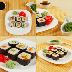 Collage of assorted asian sushi sets on bamboo mats.