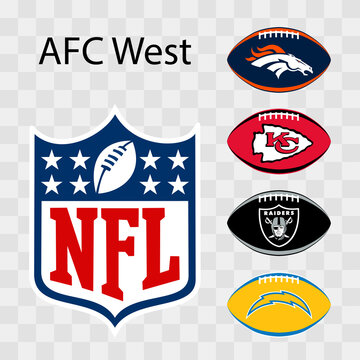 National Football League NFL, NFL 2022. AFC West. Kansas City Chiefs, Los Angeles Chargers, Denver Broncos, Las Vegas Raiders. Balls with team logos. Kyiv, Ukraine - May 14, 2022