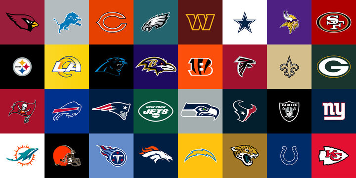 AFC, NFC 2022 Logos. Green Bay Packers, Detroit Lions, Dallas Cowboys, NY Giants, Tampa Bay Buccaneers, Atlanta Falcons, New Orleans Saints, LA Rams, SF 49ers, NY Jets, LA Chargers, Denver Etc