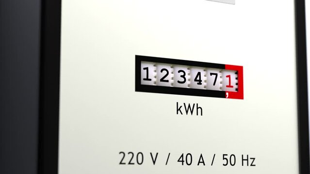 Meter Reader on a wall with fast turning wheels. Zooming in. Concept: excessive consumption of electricity.