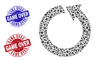 Round GAME OVER rubber stamp seals with text inside circle shapes, and debris mosaic rotate ccw icon. Blue and red stamp seals includes GAME OVER text. Rotate ccw collage icon of shatter items.