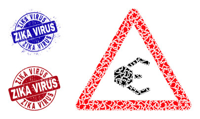 Naklejka premium Round ZIKA VIRUS corroded seals with caption inside round shapes, and debris mosaic nanobot warning icon. Blue and red seals includes ZIKA VIRUS caption. Nanobot warning mosaic icon of fraction parts.
