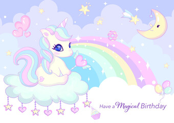 Magical Birthday card template of cute unicorn. Party invitation vector design.