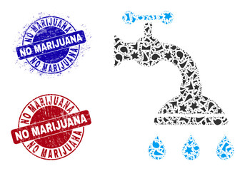 Round NO MARIJUANA rubber stamp seals with word inside round forms, and debris mosaic shower tap icon. Blue and red stamp seals includes NO MARIJUANA tag. Shower tap mosaic icon of detritus particles.