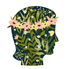 Colorful blooming flowers, butterfly and green plants inside abstract girls head. Cartoon woman with healthy self care habits wellbeing flat vector illustration. Acceptance, mental health concept