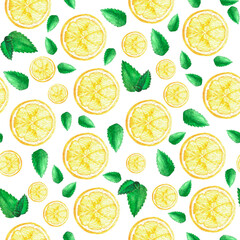 Watercolor hand drawn seamless pattern with many round yellow sour ripe  lemon slices and mint leaves isolated on white.Summer background and design element for print wrapping paper and fabric © Sunny_Smile