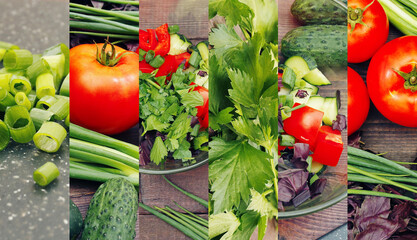 Diet vegetables and salad collage on rustic wooden table.