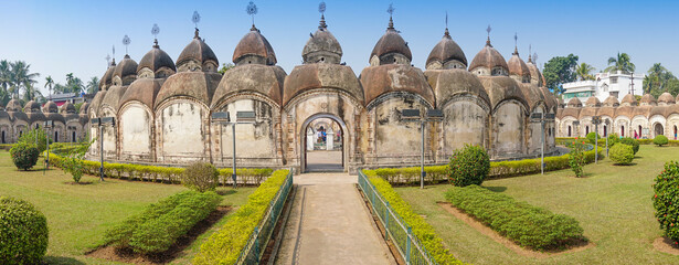 Panoramic image of 108 Shiva Temples of Kalna, Burdwan , West Bengal. A total of 108 temples of Lord Shiva (a Hindu God), are arranged in two concentric circles - an architectural wonder, - obrazy, fototapety, plakaty
