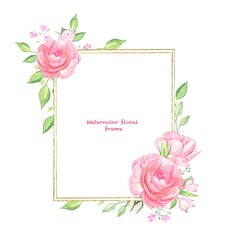 Floral frame of pink flowers and leaves on white background