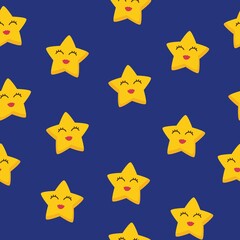 Seamless pattern with cute stars, character with eyes and red lips. Stars on dark blue background