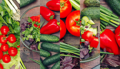 Collage of summer vegetarian food on rustic wooden table.