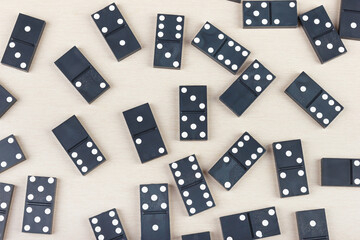 Dice for playing dominoes on table. View from above.