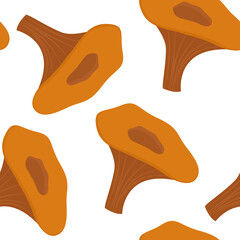 illustration of a seamless pattern forest fungus chanterelle on a white background. Printing on dishes, tablecloths, textiles, household goods, children's clothing, article or website.
