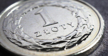 Translation: 1 zloty. Fragment of Polish one zloty coin close-up. National currency of Poland. Horizontal stories. News about economy or finance. Loan and credit. Wages and taxes. Macro