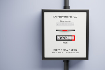 Meter Reader on a wall. German labelling with a fantasy Company name and meter number. Fast turning wheels with motion blur. Concept: excessive consumption of electricity. - obrazy, fototapety, plakaty