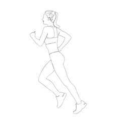 The girl runs in sports clothes and sneakers. One line drawing.