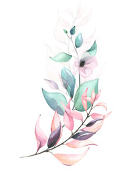 Watercolor arrangement with blue, green, turquoise, violet, pink flowers, branches, leaves, eucalyptus twigs.