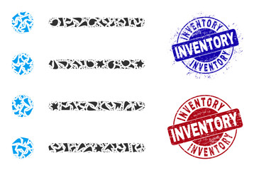 Obraz premium Round INVENTORY rough rubber prints with caption inside round forms, and shatter mosaic items icon. Blue and red stamps includes INVENTORY caption. Items mosaic icon of shard particles.