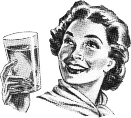 halftone vintage image of a woman drinking from a glass with a transparent background - obrazy, fototapety, plakaty