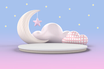 Pastel-colored product display podium for baby and kid on the sky at night. 3D rendering.