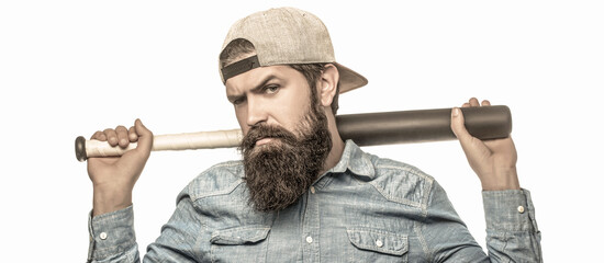 Beardman holding a baseball bat. Isolated white background. Man swung the bat. Hooligan with...