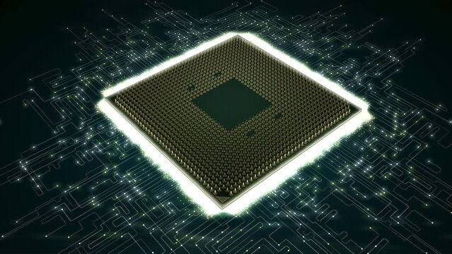 A computer processor with millions of connections and signals. Technology cpu background. Pulses and signals from the chip propagate through the motherboard. 3d animation.