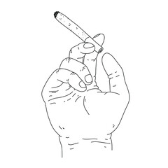 Vector illustration of hand holding a cigarette. Marijuana joint in a hand isolated on white background.