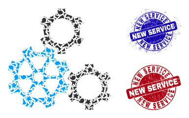 Round NEW SERVICE unclean stamp seals with text inside round shapes, and fraction mosaic gears icon. Blue and red stamp seals includes NEW SERVICE title. Gears collage icon of fragment elements.