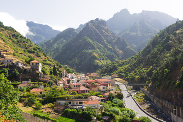 encumeada pass, village, road and mountains in the background, Madeira island