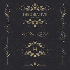 Collection of leafy borders with calligraphic elements.  Classic ornament. Graphic design pages, business sign, boutiques, cafes, hotels. 