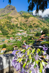 encumeada pass, village with agapanthus and mountains in the background, Madeira island
