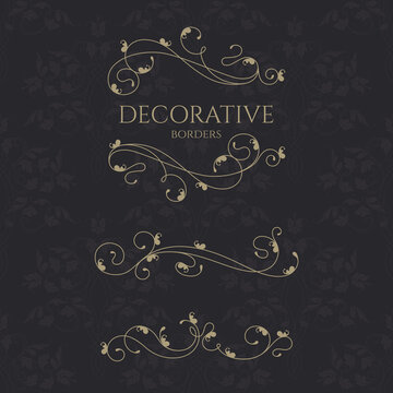 Set of decorative leafy borders with calligraphic elements.  Classic ornament. Graphic design pages, business sign, boutiques, cafes, hotels. 