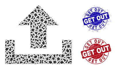 Obraz premium Round GET OUT textured stamp prints with caption inside round shapes, and shatter mosaic upload icon. Blue and red stamp seals includes GET OUT text. Upload mosaic icon of spall particles.