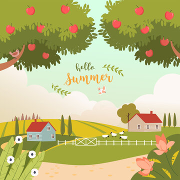 Summer countryside landscape with houses, trees and sheeps. Beautiful rural nature. Countryside view. Cute vector illustration of beautiful field landscape with green hills, sky in flat style.