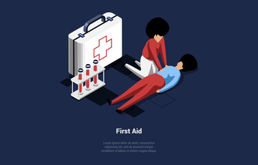 First Aid Concept. Character Provides First Aid to Injured Character. Big Case For First Aid. Man Saving Life To Woman Doing CPR And Heart Massage Procedures. Isometric Cartoon 3D Vector Illustration
