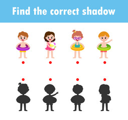 Find the correct shadow. Educational game for children, Shadow Matching Game for kids, Visual game for kid. Connect the dots picture ,Education Vector Illustration.