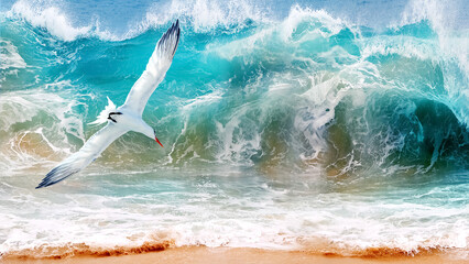 Storm on the ocean and a sea gull against the background of turquoise waves. Mexico. Baja...