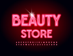 Vector Neon emblem Beauty Store.  Modern Red Font. Electric Alphabet Letters and Numbers set