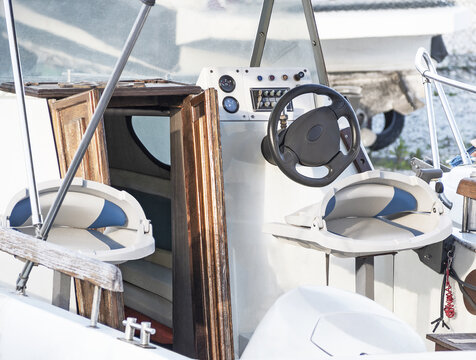 Yacht interior with helm and remote control panel