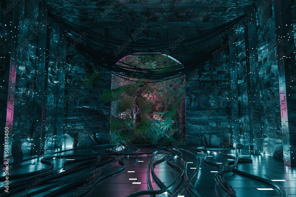 Aufkleber 3d rendering of sci-fi room with futuristic columns and hanging cables in front of arch door covered