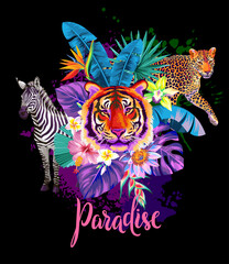 Tropical night summer arrangement with animals, palm leaves and exotic flowers. Vector illustration on a black background.