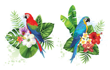 Tropical summer arrangements with birds, palm leaves and exotic flowers. Vector illustration. © Anna Sm