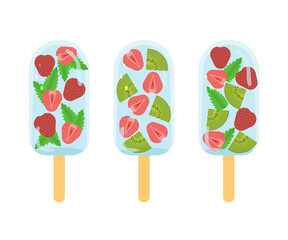 ice cream with fruit ice on sticks. fruits in ice kiwi, mint, strawberry. set