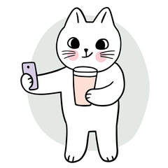 Cartoon cute cat  salfie and coffee cup vector.
