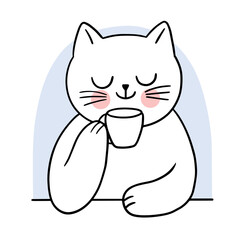 Cartoon cute cat drink coffee vector.